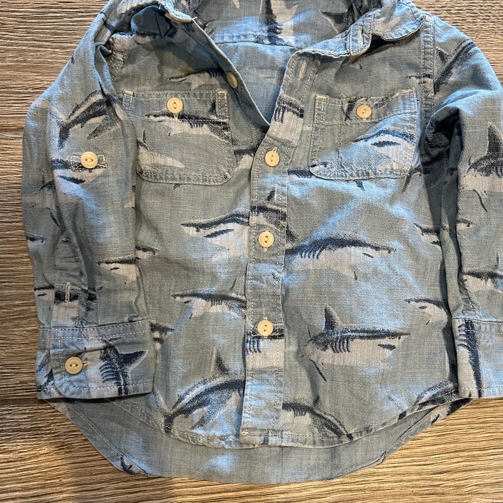 GAP Blue Button-Down Shirt with Navy Shark Print